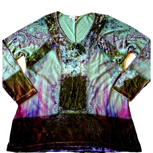 ONE WORLD Tops - One World Green Multi Velvet Top Med-L Embroidered Flare Sleeve Whimsigoth Boho